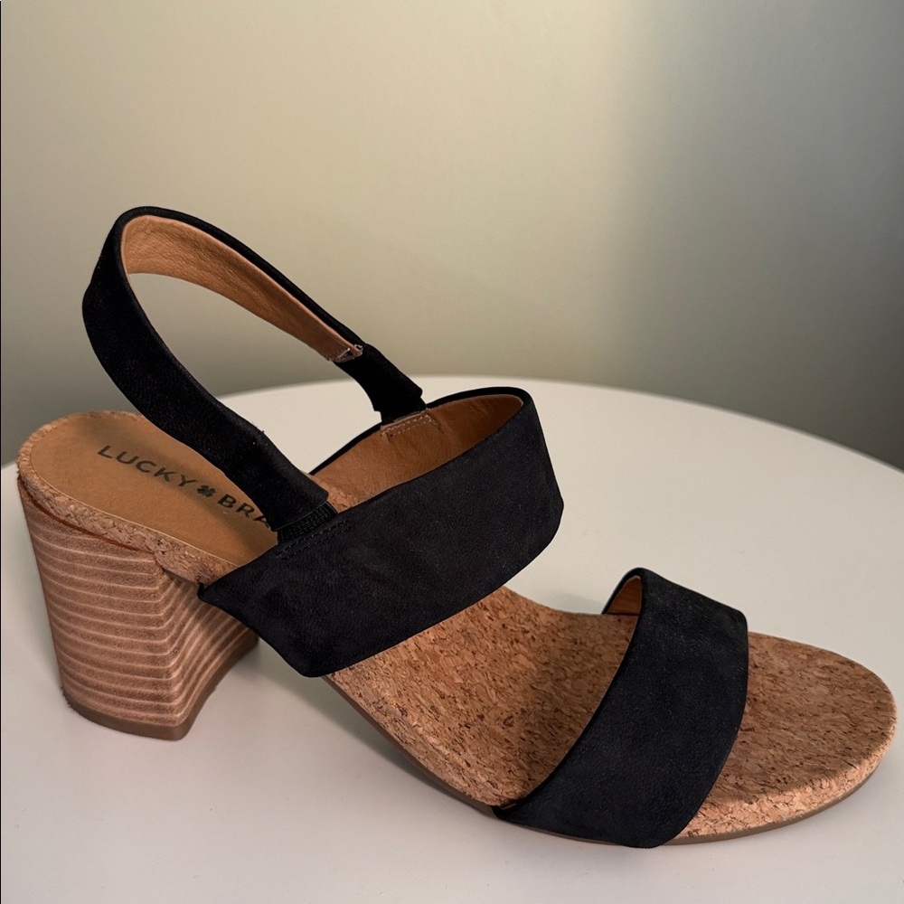 Lucky Brand Jobina Heel Sandal leather upper cork midsole stacked block heel EUC - Picture 16 of 16
